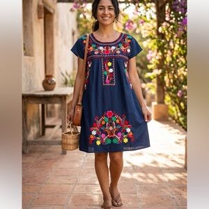 YZXDORWJ Floral Embroidered Cotton Peasant BOHO Dress‎ size Medium
